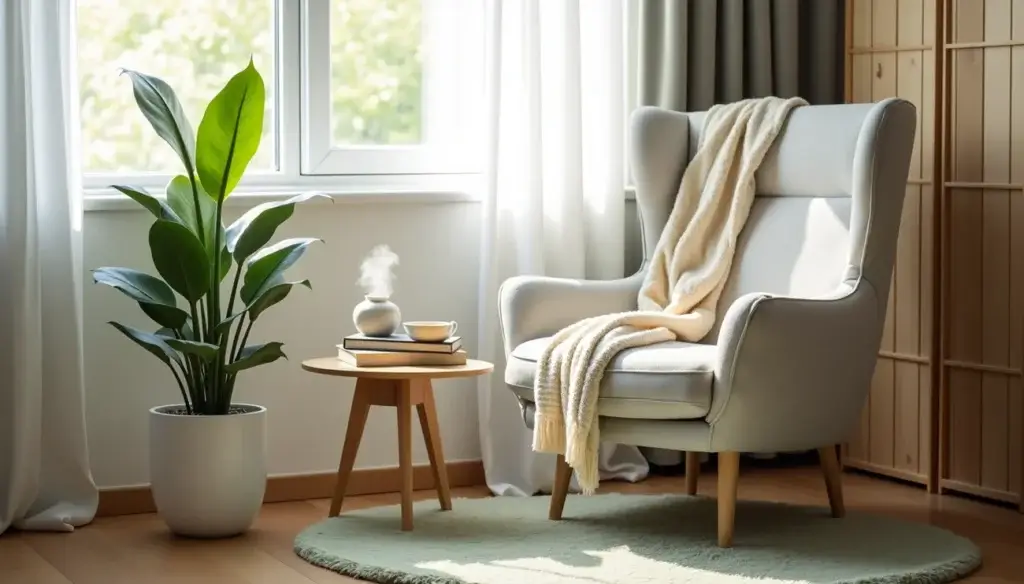 Introvert comfort zone as a corner of a room by a window with comfortable chair, blanket, plant, and table with books.